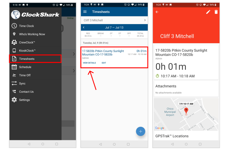 Timesheets in the ClockShark mobile app