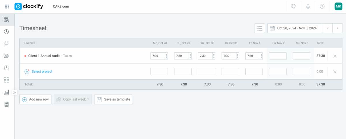 Timesheets page in clockify