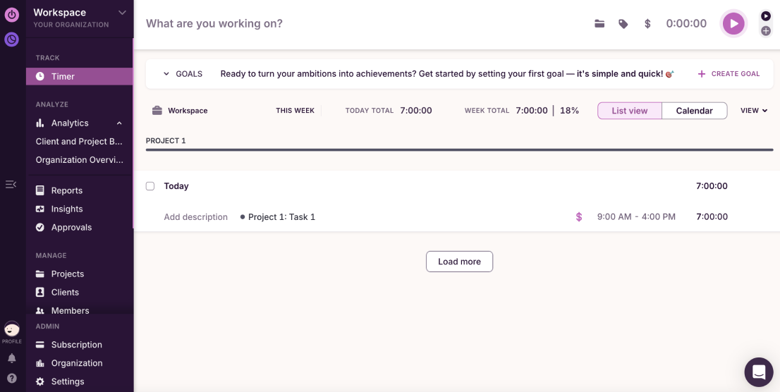 Toggl Track dashboard