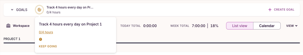 Tracking goal progress in Toggl Track