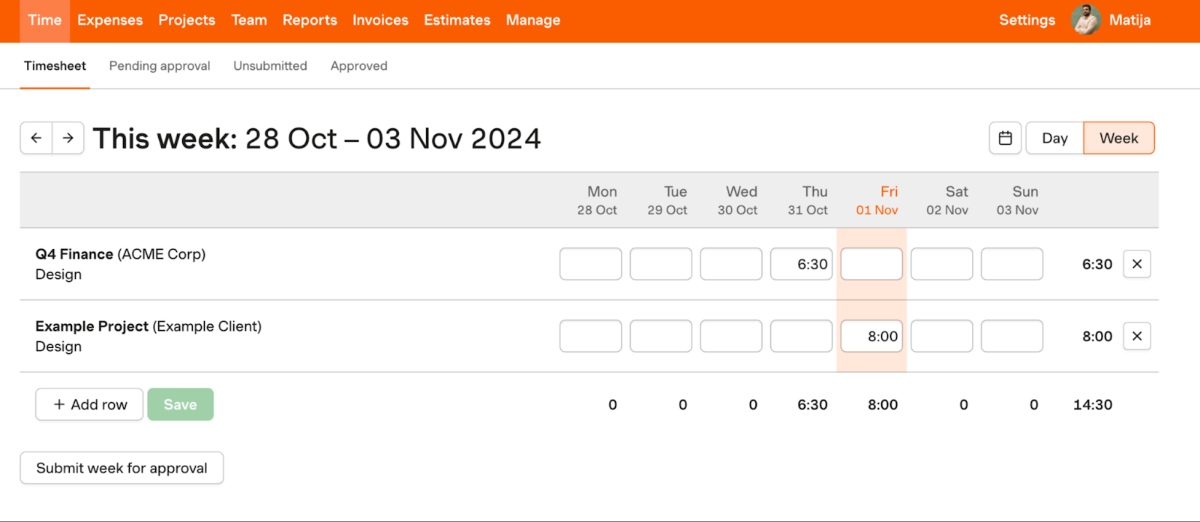 timesheets in harvest