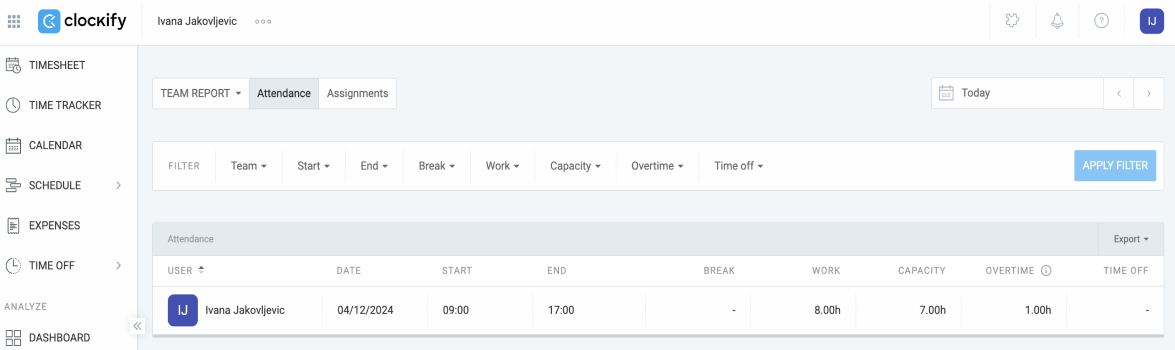 Clockify attendance report