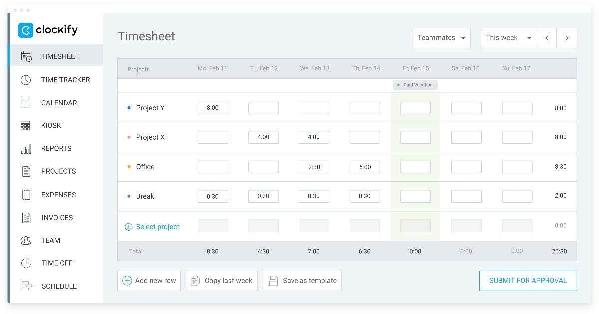 Clockify timesheet