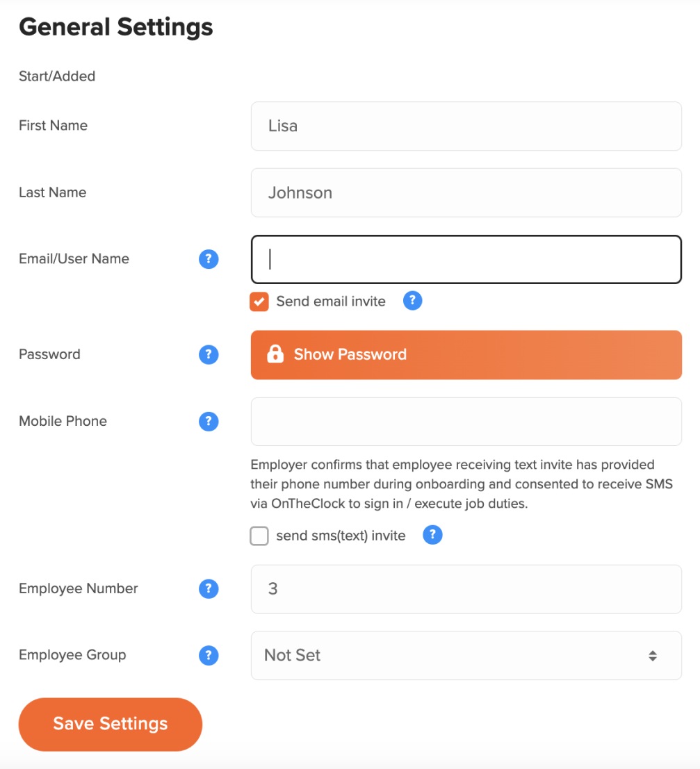 On The Clock creating employee profile