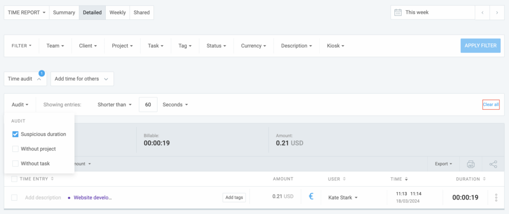 Time audit in Clockify