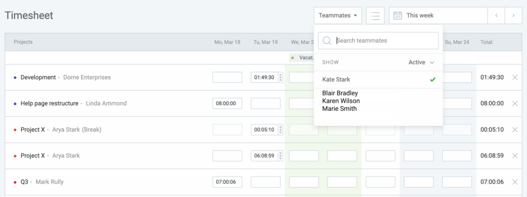 Viewing teammates’ timesheets in Clockify