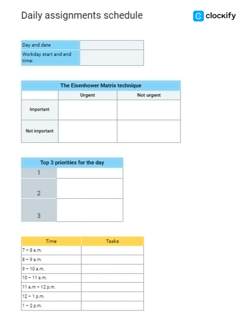 Daily assignments schedule template