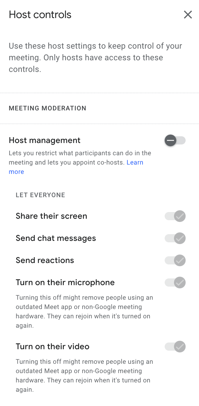 Google Meet - host controls