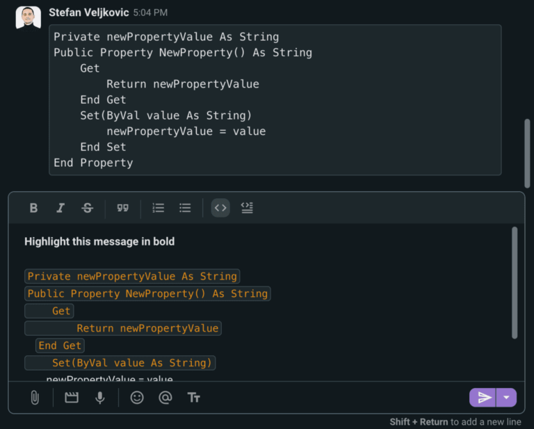 Pumble - highlighting and inline code