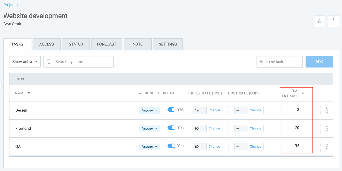Setting time estimates in Clockify