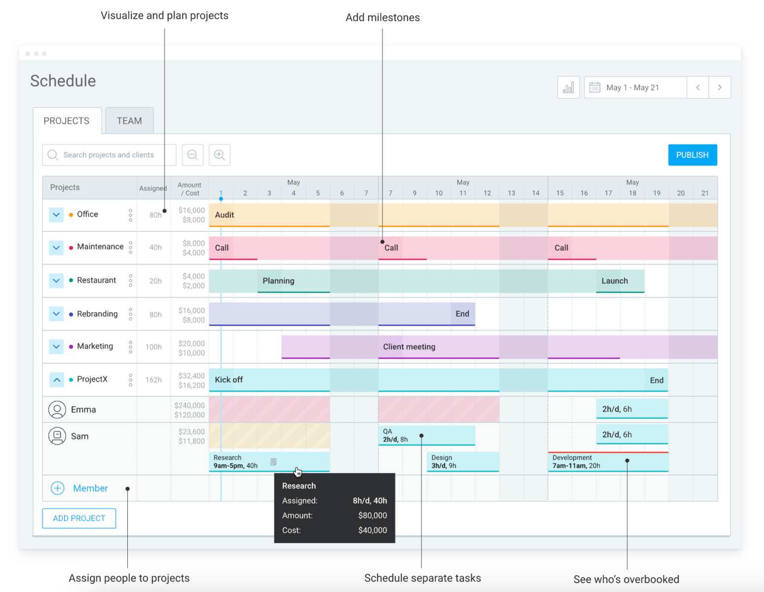 Scheduling projects in Clockify