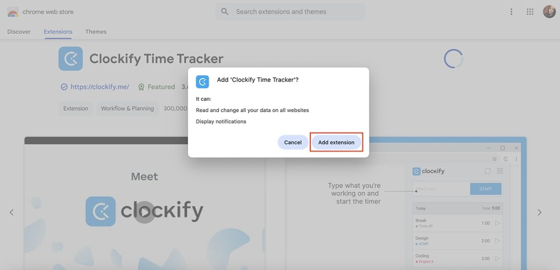 Add extension button in the Chrome web store