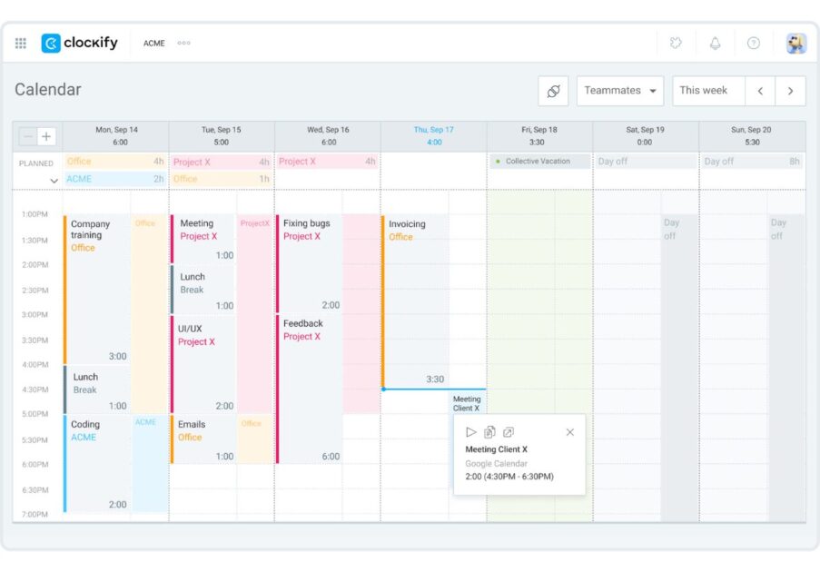 Calendar in Clockify