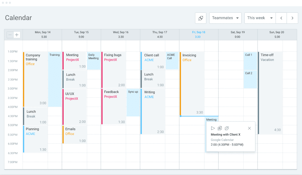Calendar view in Clockify for best transparency and greater accuracy