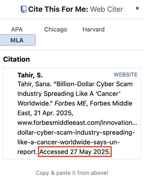 Cite This For Me accessed option