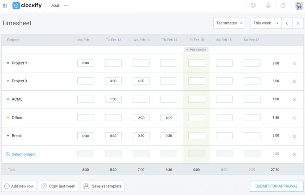 Clockify timesheets