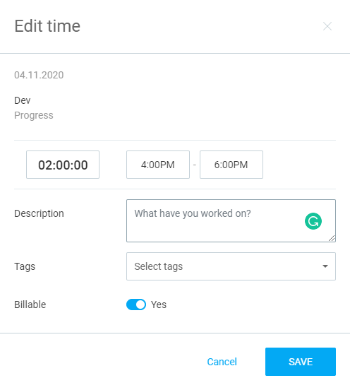 Time entry editing in Clockify