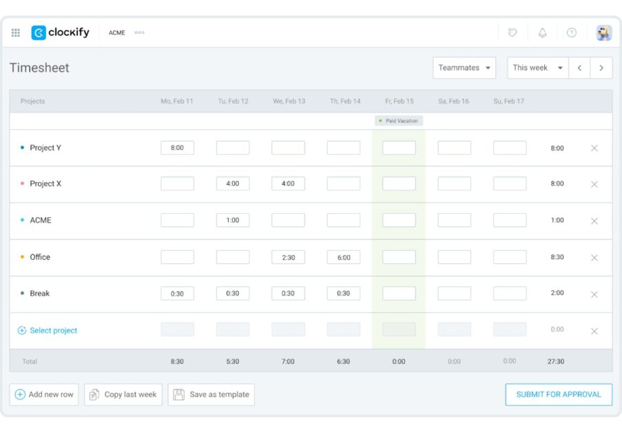 Timesheets in Clockify