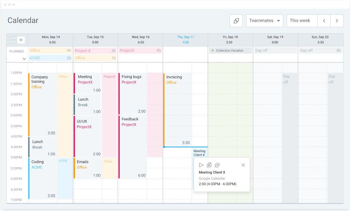calendar in clockify