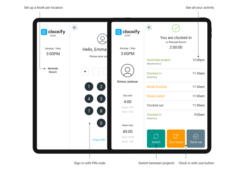 Time clock kiosk in Clockify