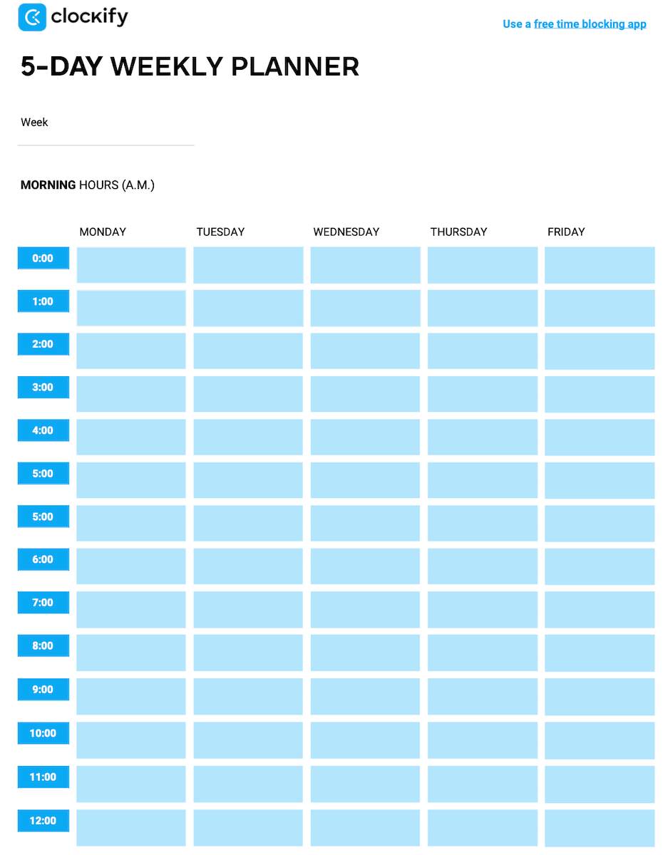 5-day weekly planner