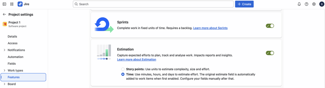 Activating estimation feature in Jira