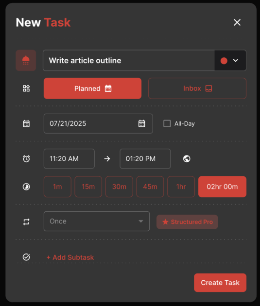 Adding a task in Structured