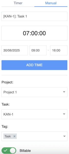 Adding time manually with Clockify in Jira