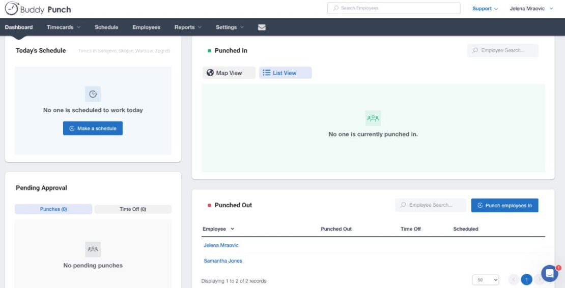 Buddy Punch dashboard