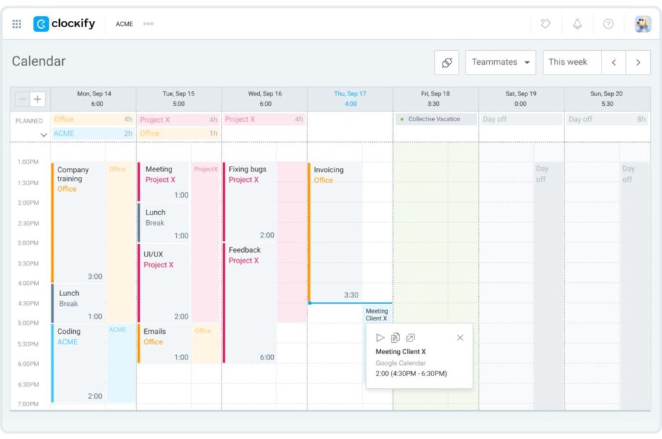 Use Clockify’s calendar to view your work in clear time blocks