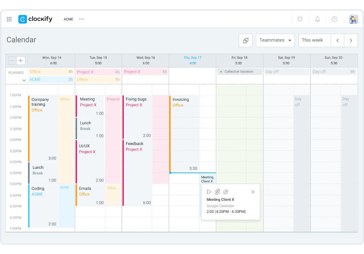 Calendar in Clockify