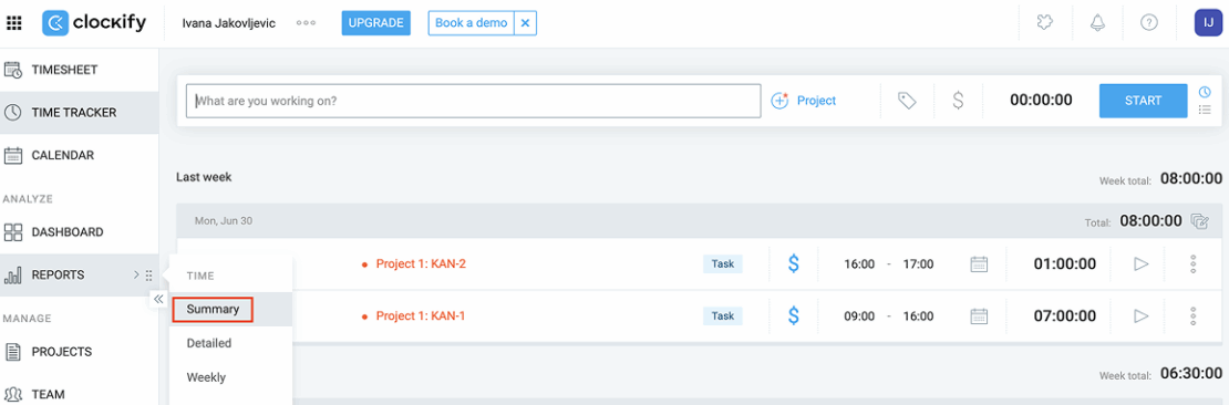 Choosing a summary report in Clockify