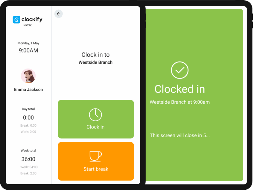Clockify clocking in via the shared time clock kiosk