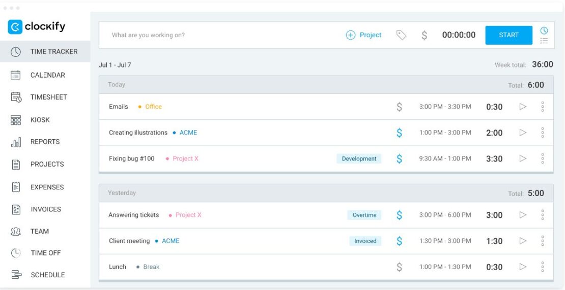 Clockify dashboard