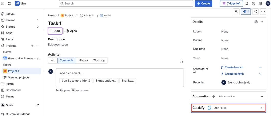 Clockify start/stop option in Jira
