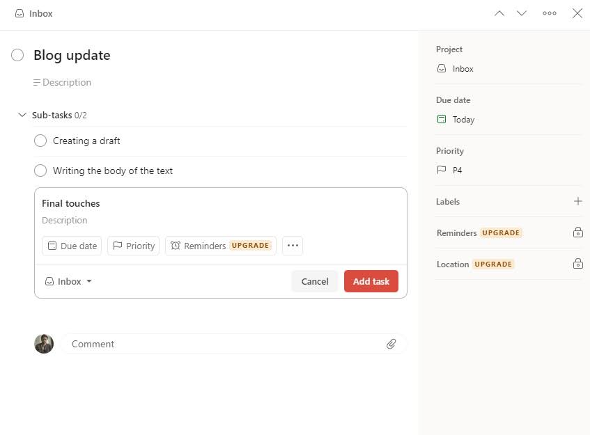 Creating a subtask in Todoist