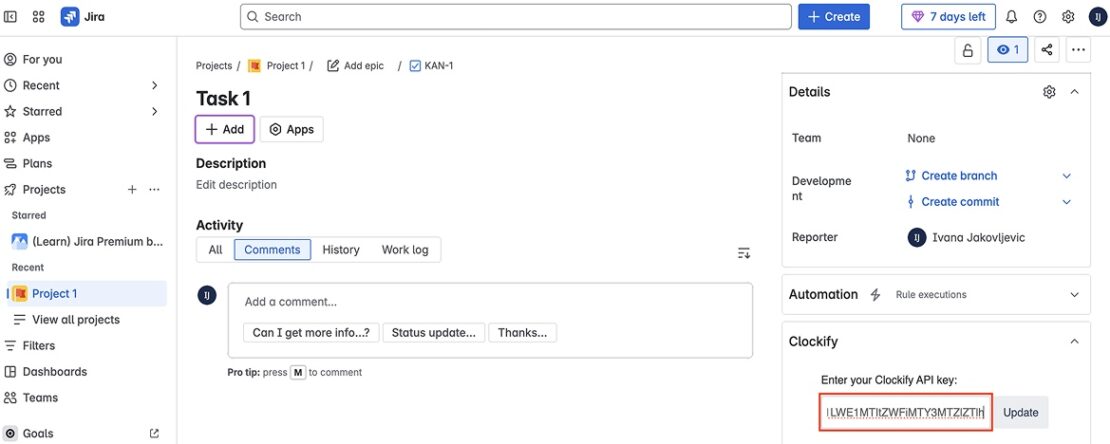 Entering your Clockify API key
