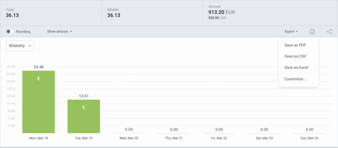 Download custom reports in popular formats with Clockify