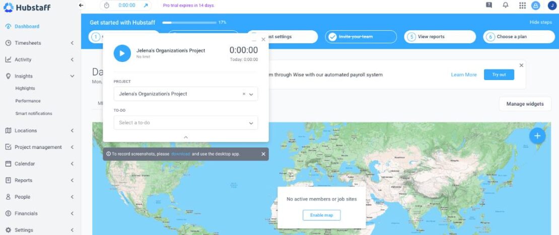 Hubstaff dashboard