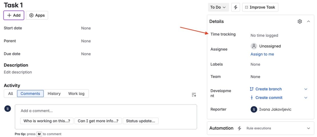 Jira time tracking option on Jira card