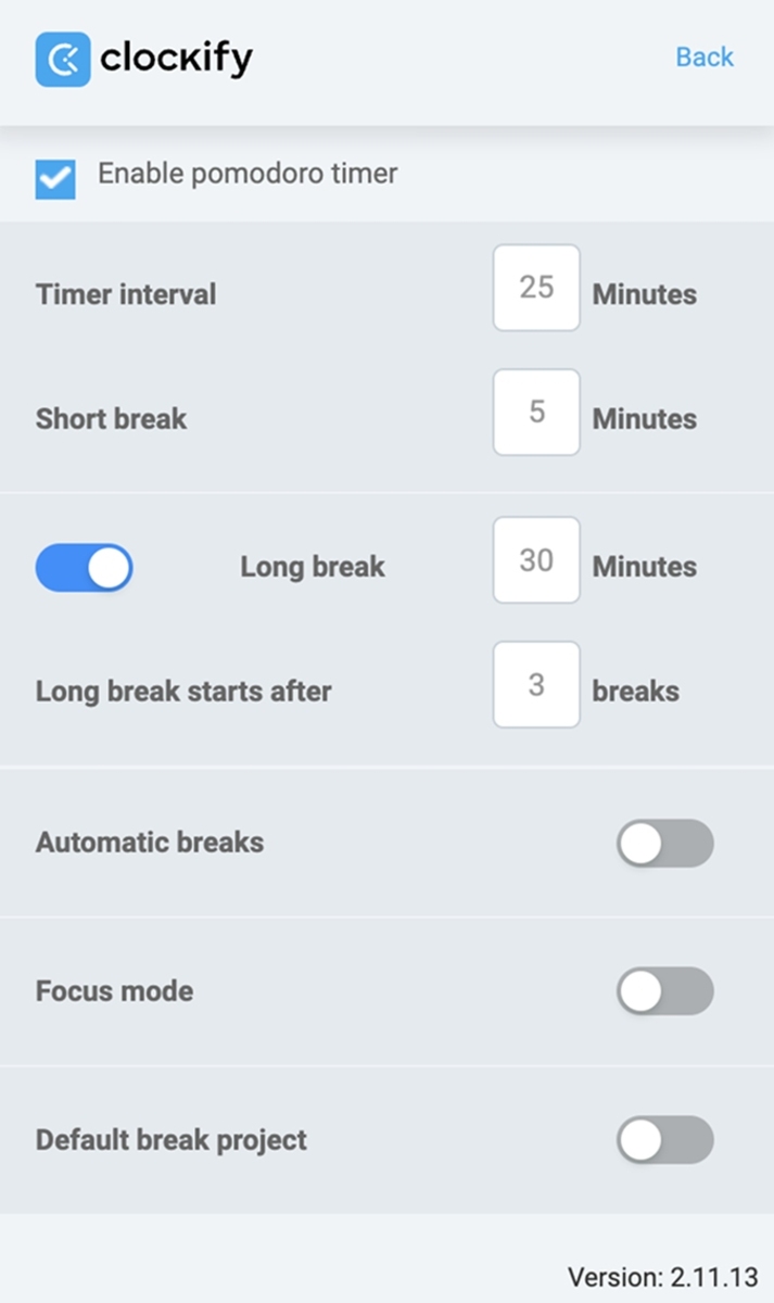 Pomodoro timer in Clockify
