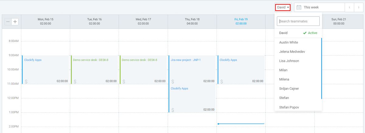 Reviewing tracked time for a specific team member in calendar