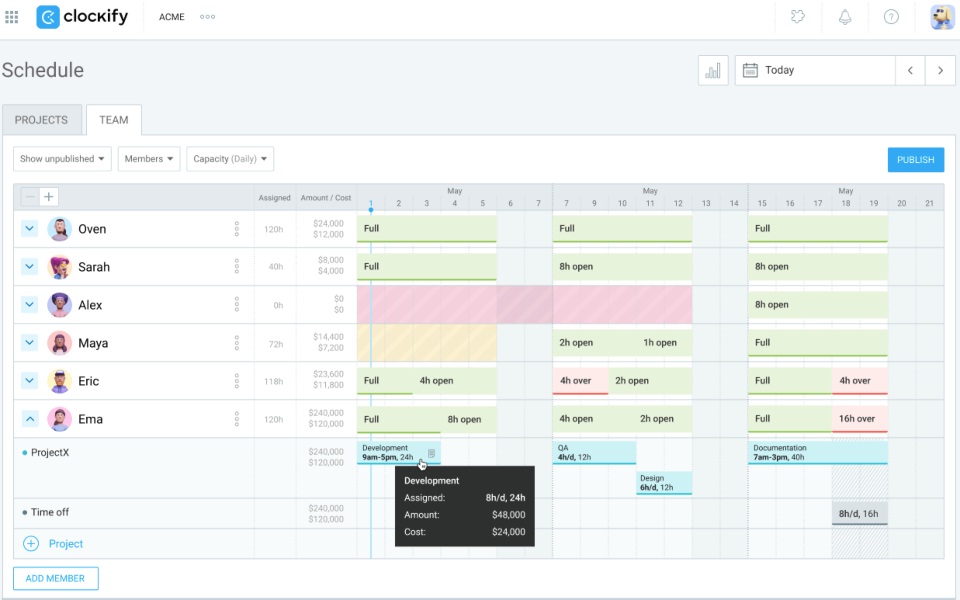 Scheduling feature in Clockify