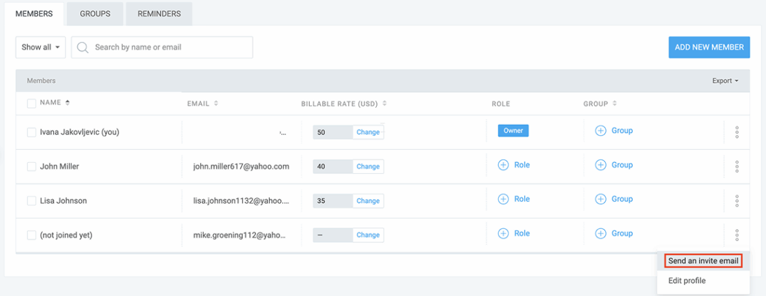Sending an invite email in Clockify