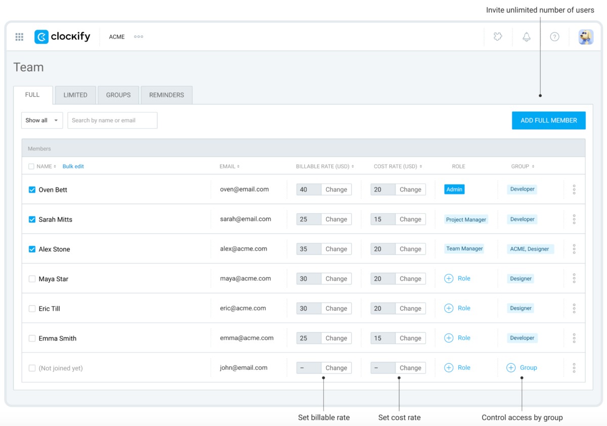 Team time tracking in Clockify