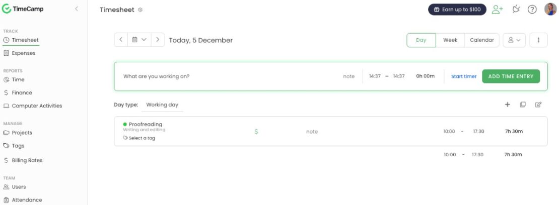TimeCamp dashboard