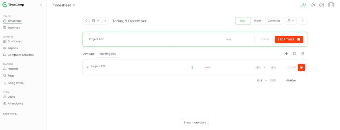 TimeCamp’s features are placed on the left-hand side; time entries will be available the moment you log in