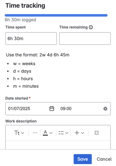Tracking time with Jira's native time tracker