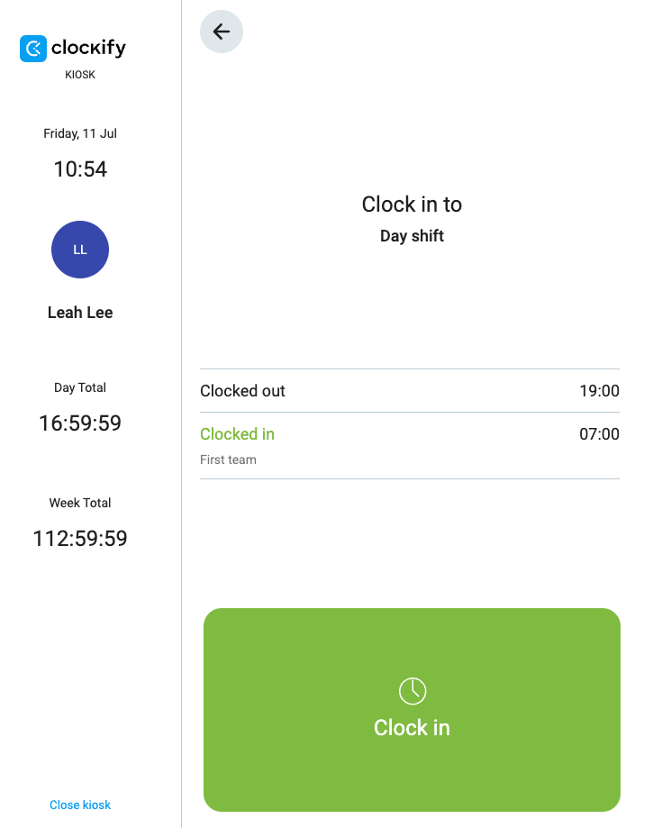 ‘Clock in’ to start tracking your time in kiosk