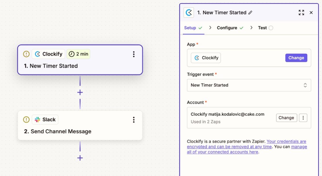 Connecting Clockify and Slack in Zapier